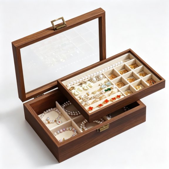 Liwantech Wooden Jewelry Box with Glass Lid, 2-Layer Jewelry Organizer for Women, Large Capacity Storage for Rings Earrings Necklaces Bracelets, Walnut Finish Vanity Case