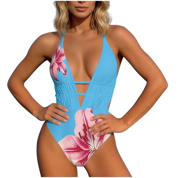 ECHFIPROM Womens One Piece Swimsuits Cutout High Cut Ruched Floral Sky Blue Tummy Control Swimwear for Ladies