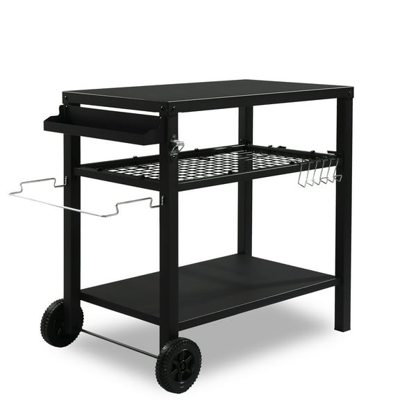 Zimtown Grill Table Movable Grill Cart,Food Prep Trolley,Double-Shelf Dining Cart  with Wheels,Black