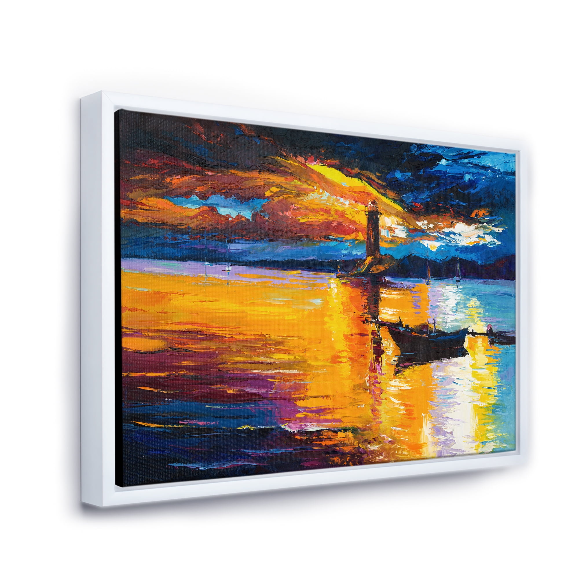 Designart 'Little Boat By Lighthouse During Evening Glow' Nautical & Coastal Framed Canvas Wall Art Print
