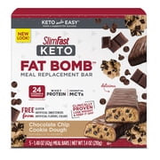 SlimFast Keto Fat Bomb Meal Replacement Bar, Chocolate Chip Cookie Dough, 5 Count