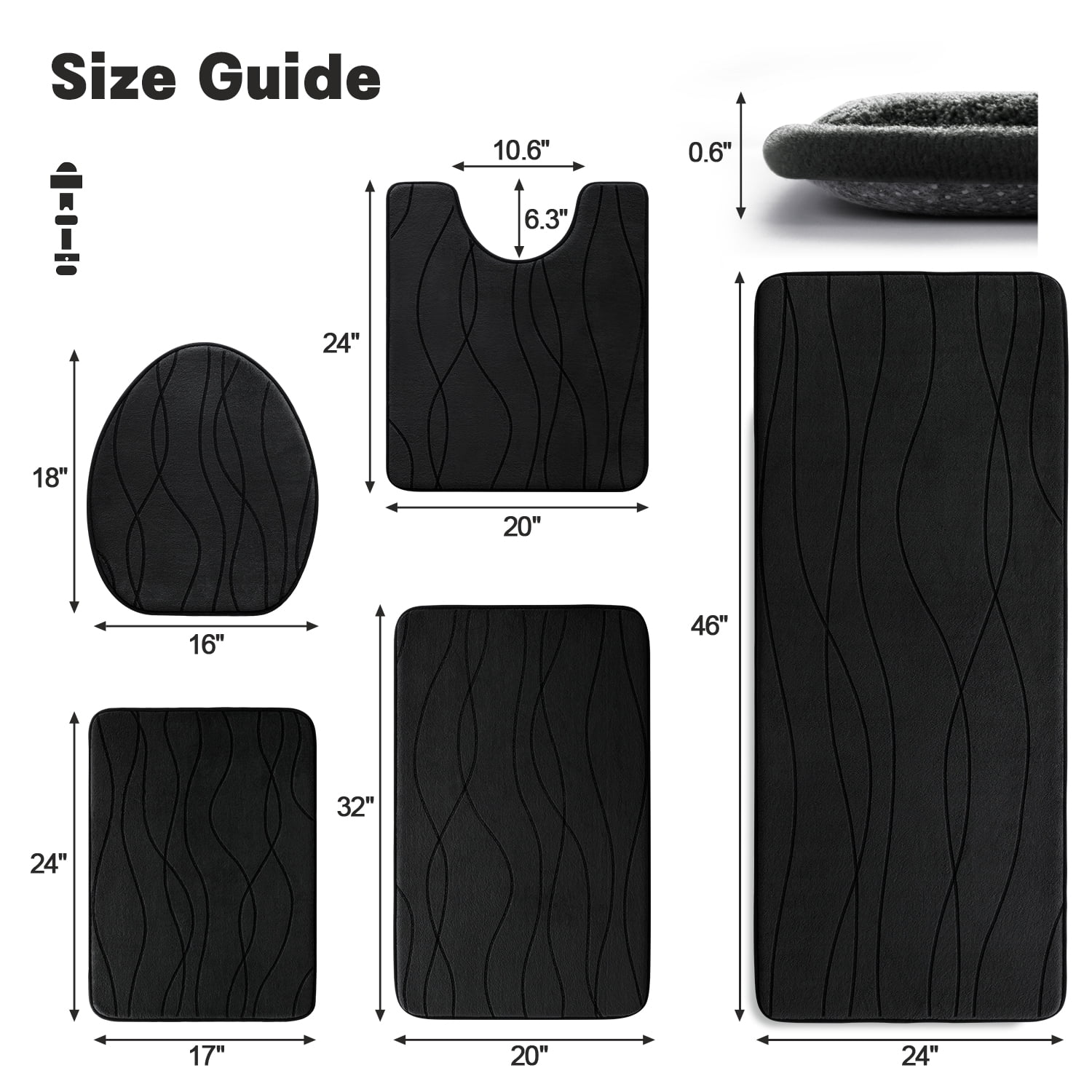 ChakmeOne Bathroom Rugs Sets 5 Piece, Black Bathroom Rug Soft Absorbent Microfiber Bath Mats and U-Shaped Contour Toilet Rug, Non-Slip Machine Wash Dry for Floor Tub and Shower