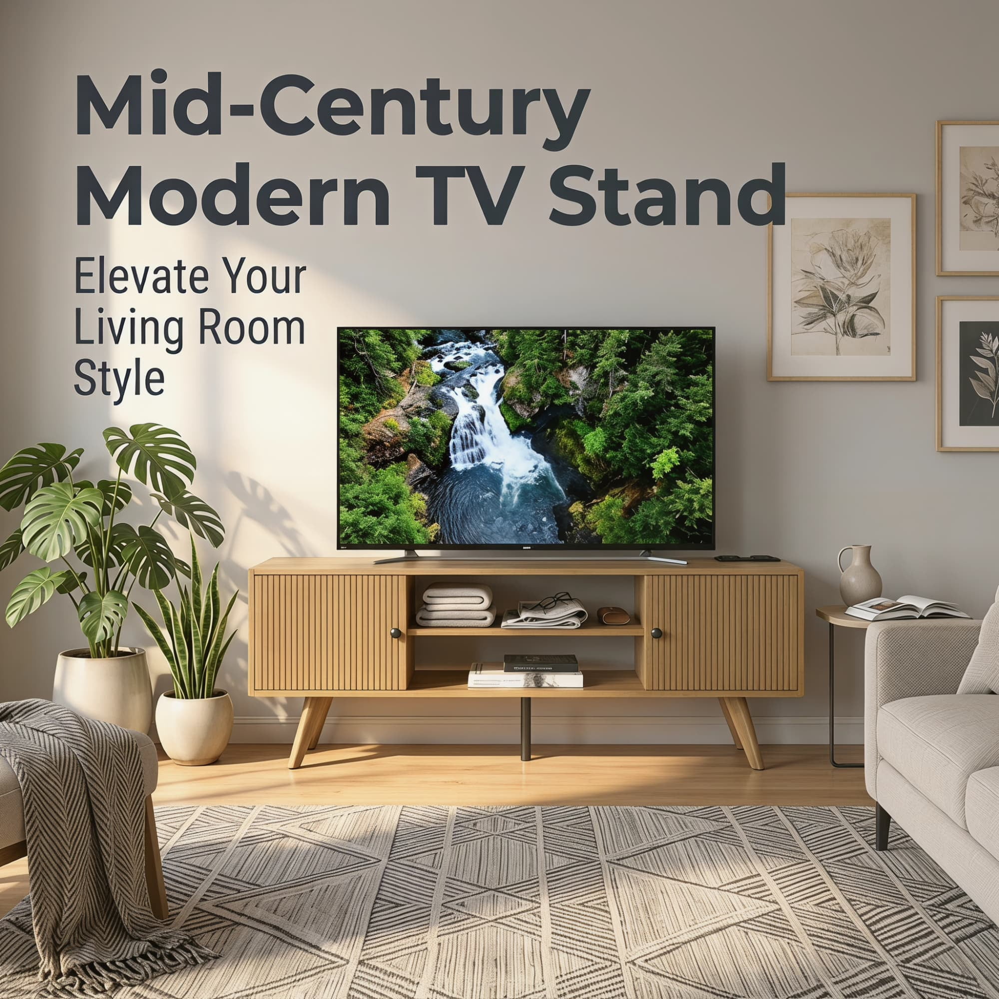 Manxile Mid Century Modern TV Console for Living Room Bedroom, Wood Entertainment Center with Storage and Shelves, Natural