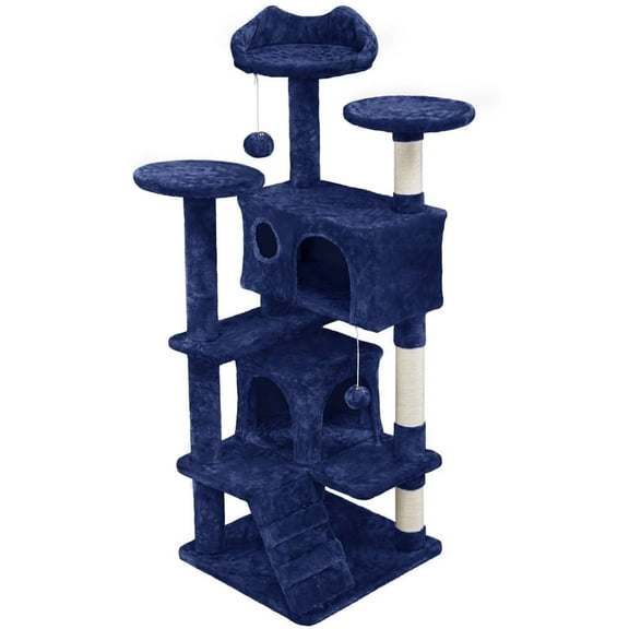 Yaheetech 53.9" H Cat Tree with Double Condos, Scratching Posts & Ramp, Navy Blue