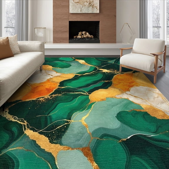 ODIKA 8'x10' Washable Area Rug Green Gold Abstract Marble Design Vibrant Symmetrical Fluid Swirling Veins for Dining Room, Large Office, Lounge, Non-Slip Chair-Friendly Mat