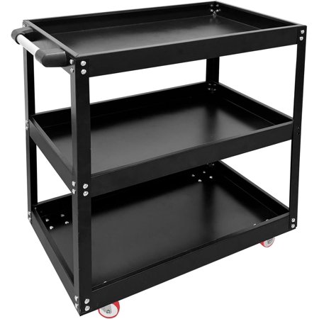 3-Tier Service Cart 440 lbs Capacity Metal cart on Wheels for Garage Warehouse Workshop Use Stainless Steel Utility Cart Black/Red (Black)