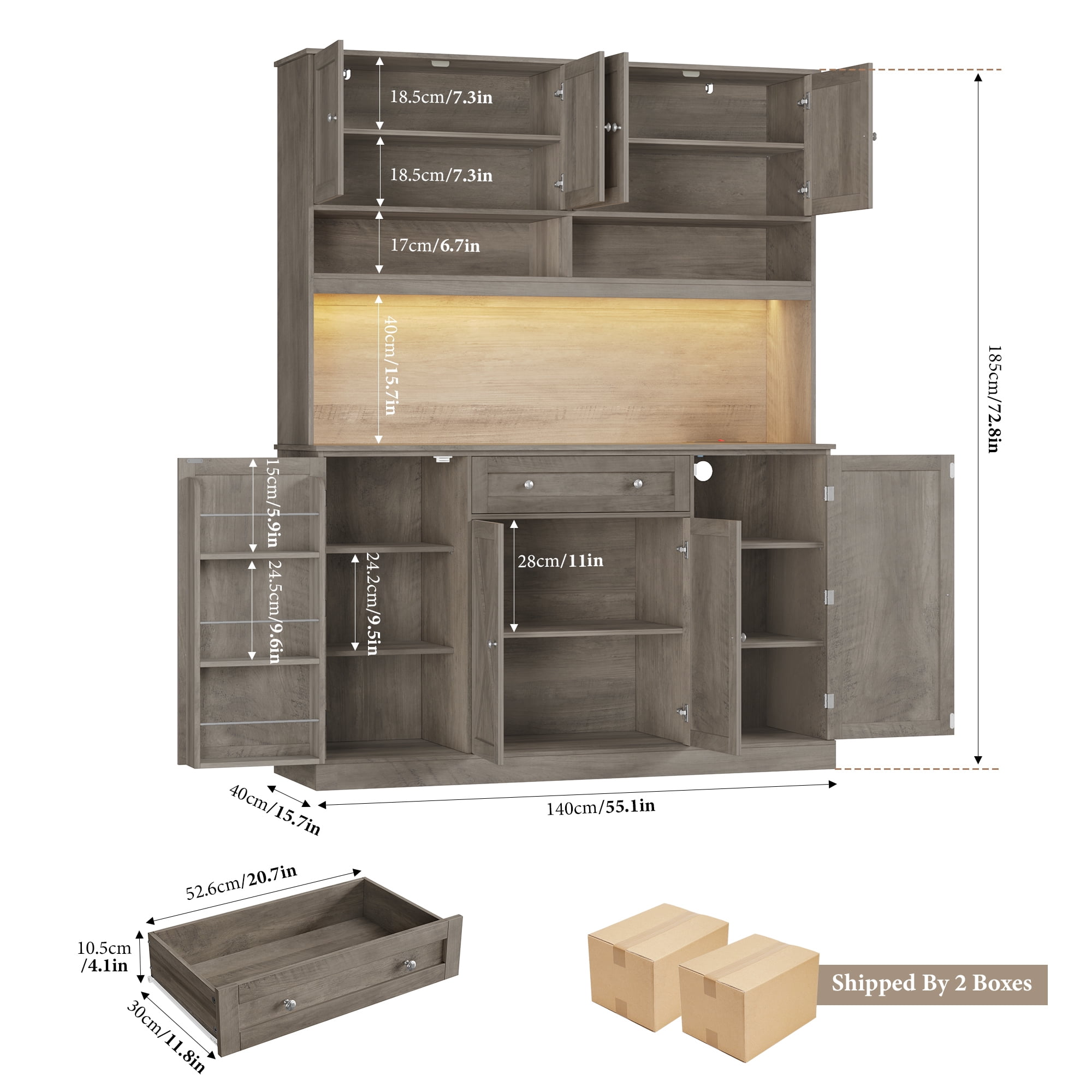 Homfa 72.8'' Tall Kitchen Pantry Cabinet with LED Lights & Charging Station, 8 Doors Storage Cabinet with Drawers & Shelves & Countertop, Kitchen Hutch with Adjustable Shelves for Dining Room, Gray