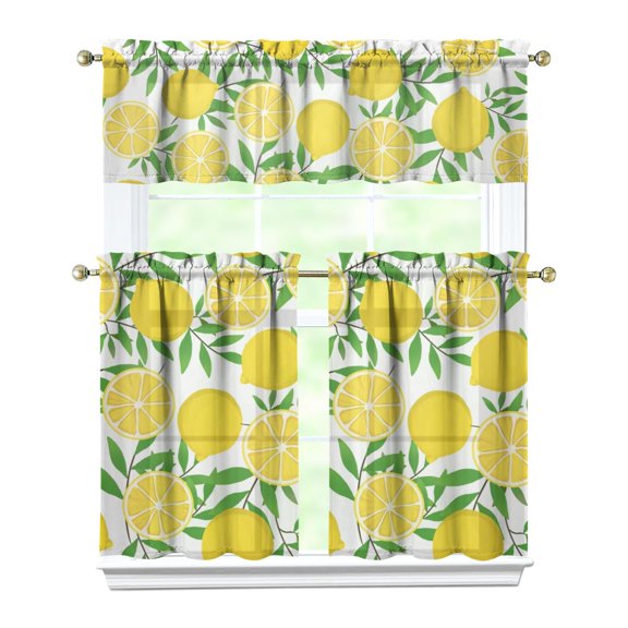 Kitchen Curtains 36 Inch Short - 3 Panel Set Lemon Print, Rod Pocket Window Curtains 100% Polyester, Cute Fruit Valance for Farmhouse, Cafe, Living Room, Bedroom, Easy Wash