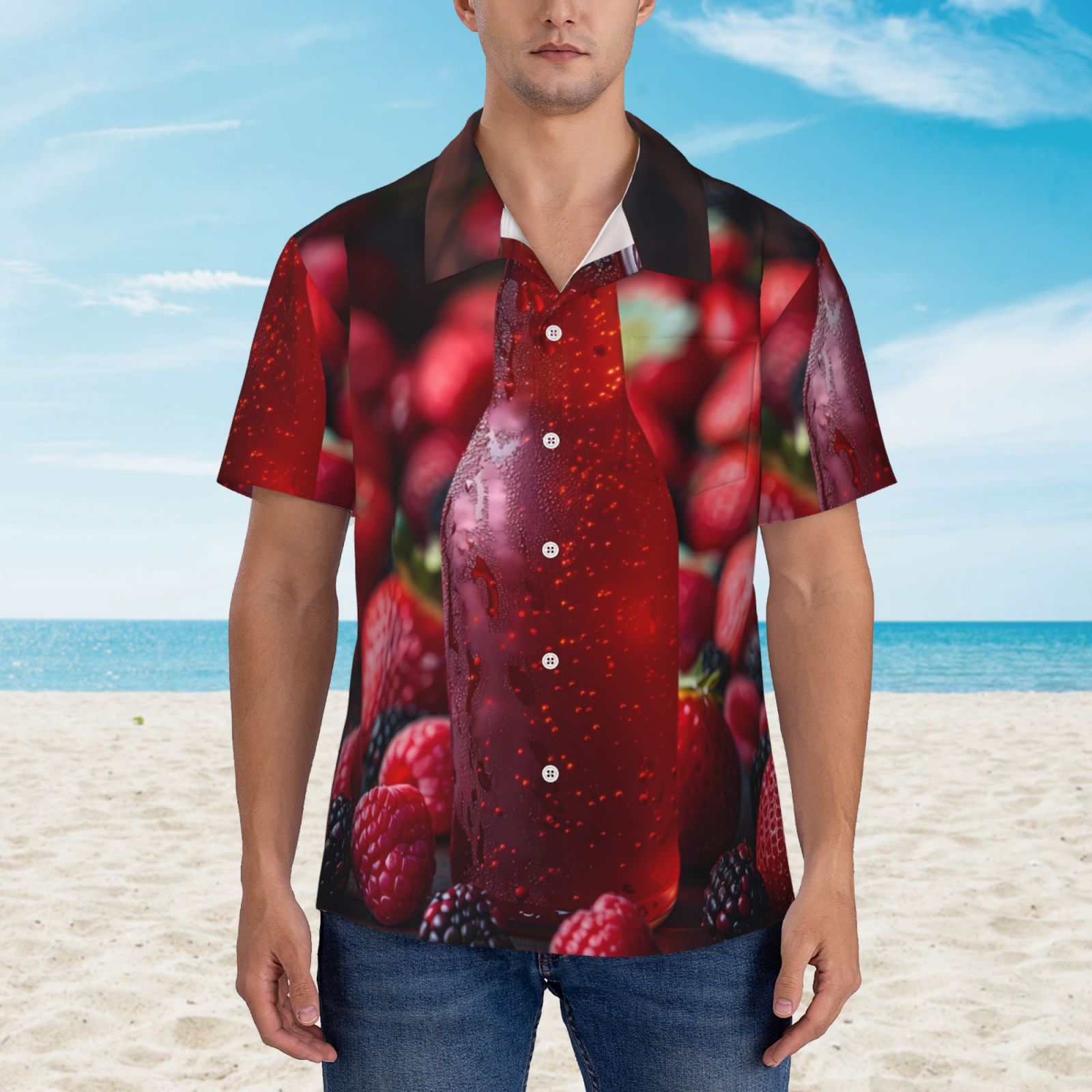Logiee Berry Infused Refreshment Print Mens Hawaiian Shirts,Loose-Fit Short Sleeve Button Down Tropical Aloha Beach Shirt,Summer Vacation Wedding Tops,Small