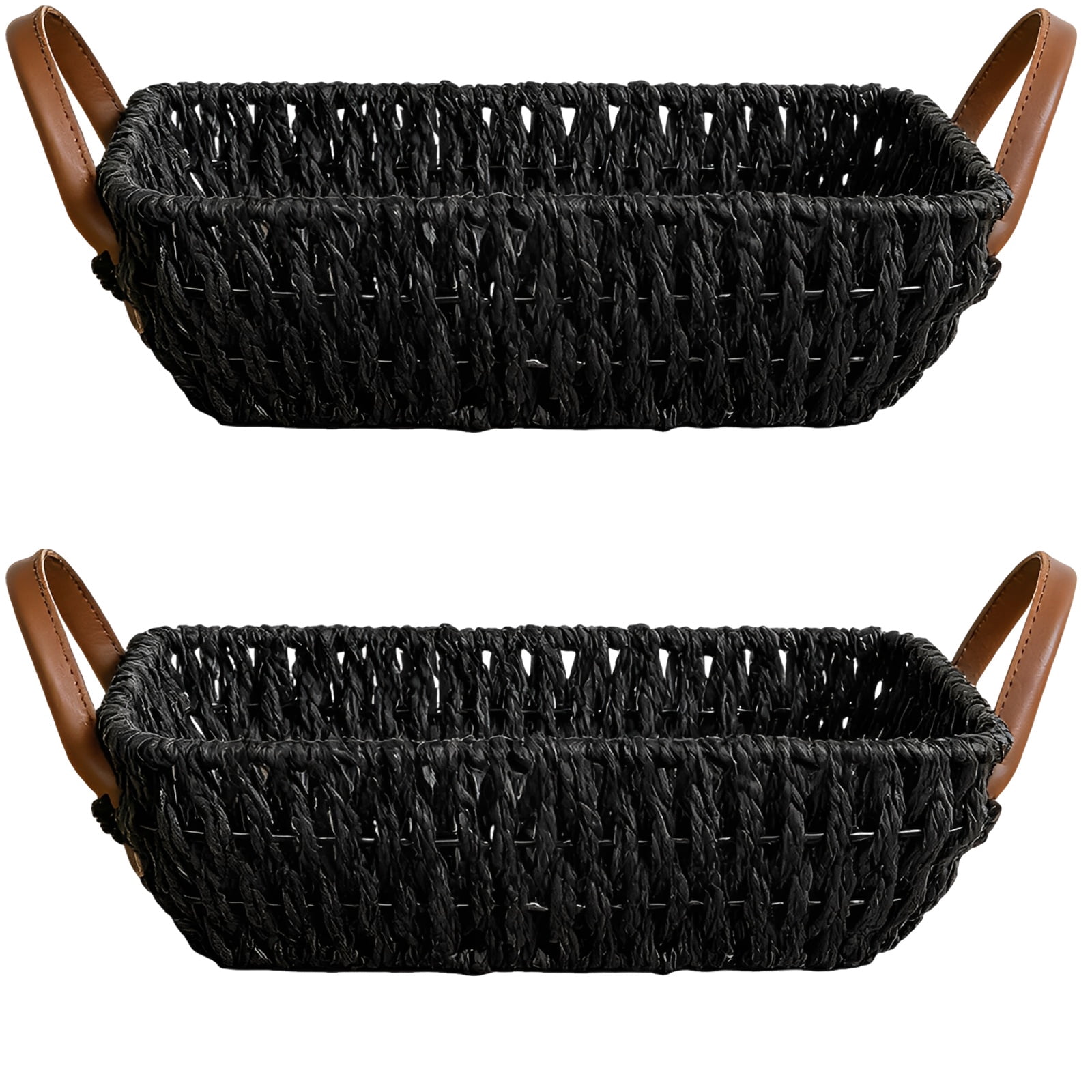 Wicker Storage Basket, Black Paper Rope Woven Bin with Leather Handles, 12.6 x 7.9 x 3.9 in, Decorative Organizer Baskets with Handles for Shelf, Table, Coffee Table