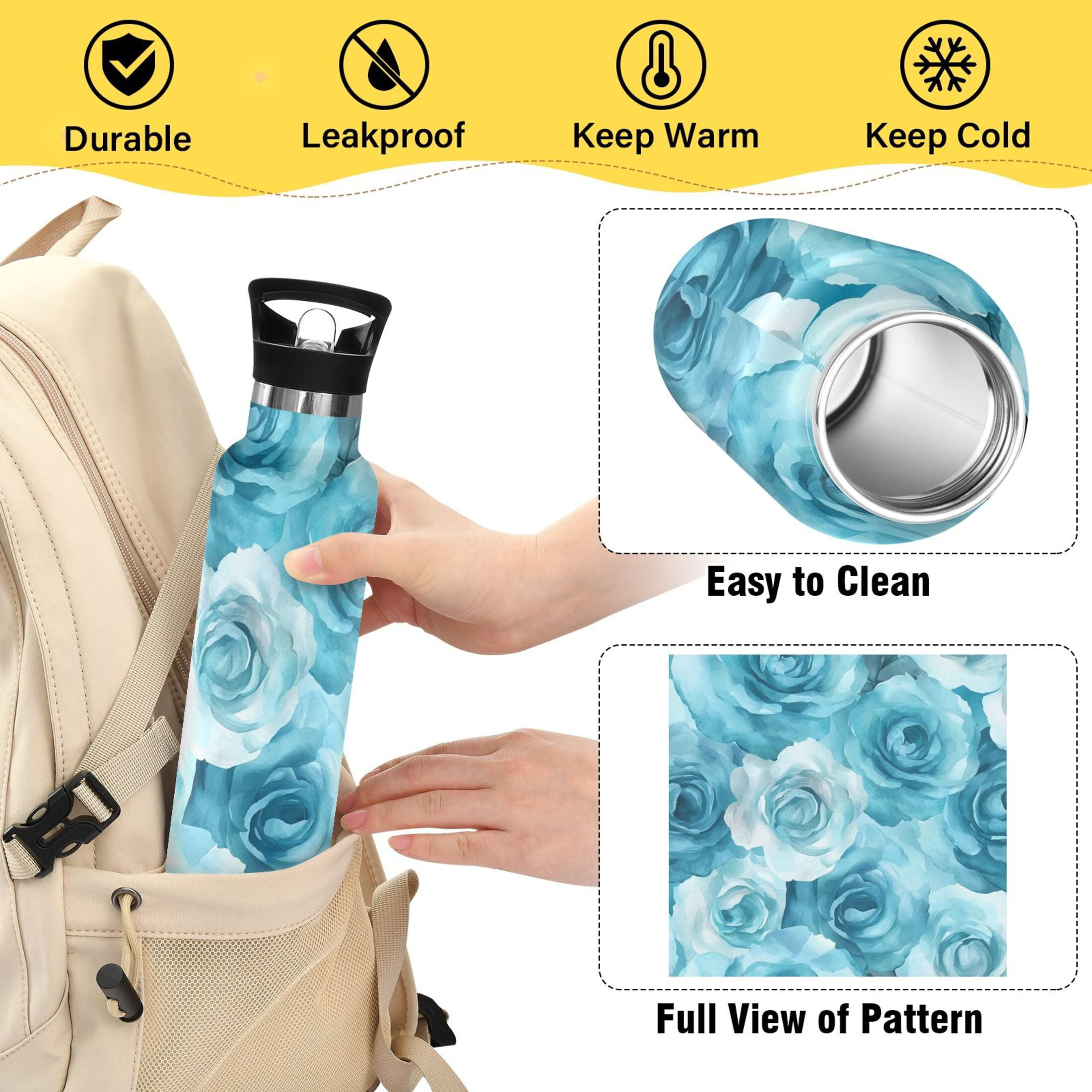 600ML Stainless Steel Insulated Cup Sports Water Bottle Portable Thermos Cup Water Glasses Insulated Tumblers Convenient and Durable Navy Roses