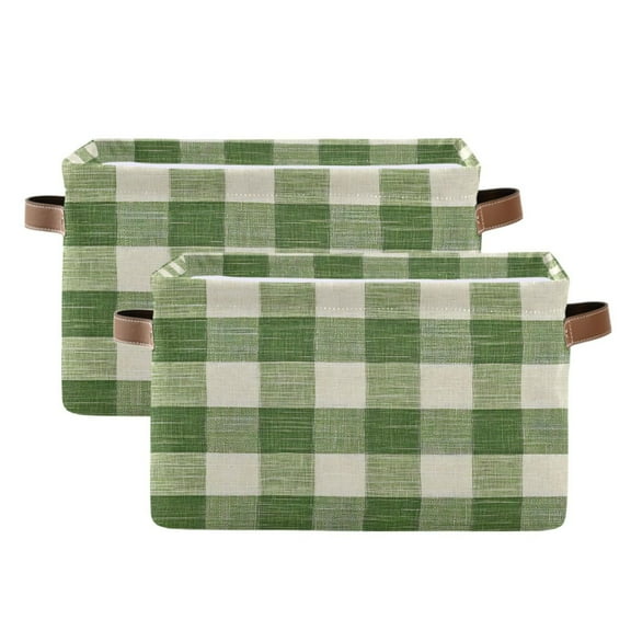Ryvnso Green Rustic Checkered Storage Basket Large Bin Foldable Boxes Toys Organizer 14.2x10.2x8.3in 2 PCs