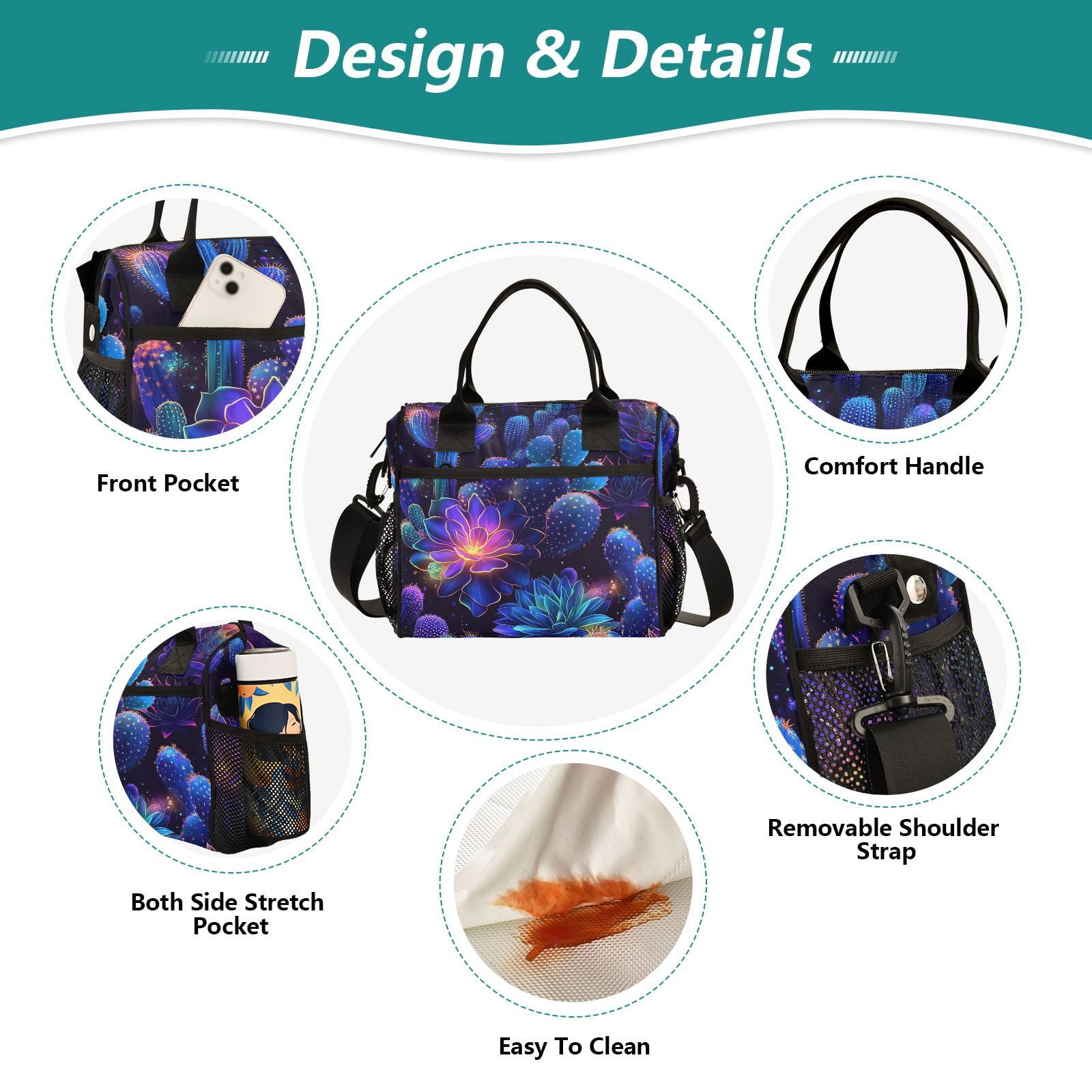 Ckdifva Glowing Flowers Cactus Cooler Bag Cooler Cooling Tote Lunch Bag Lunch Box Front Pocket with Shoulder Strap