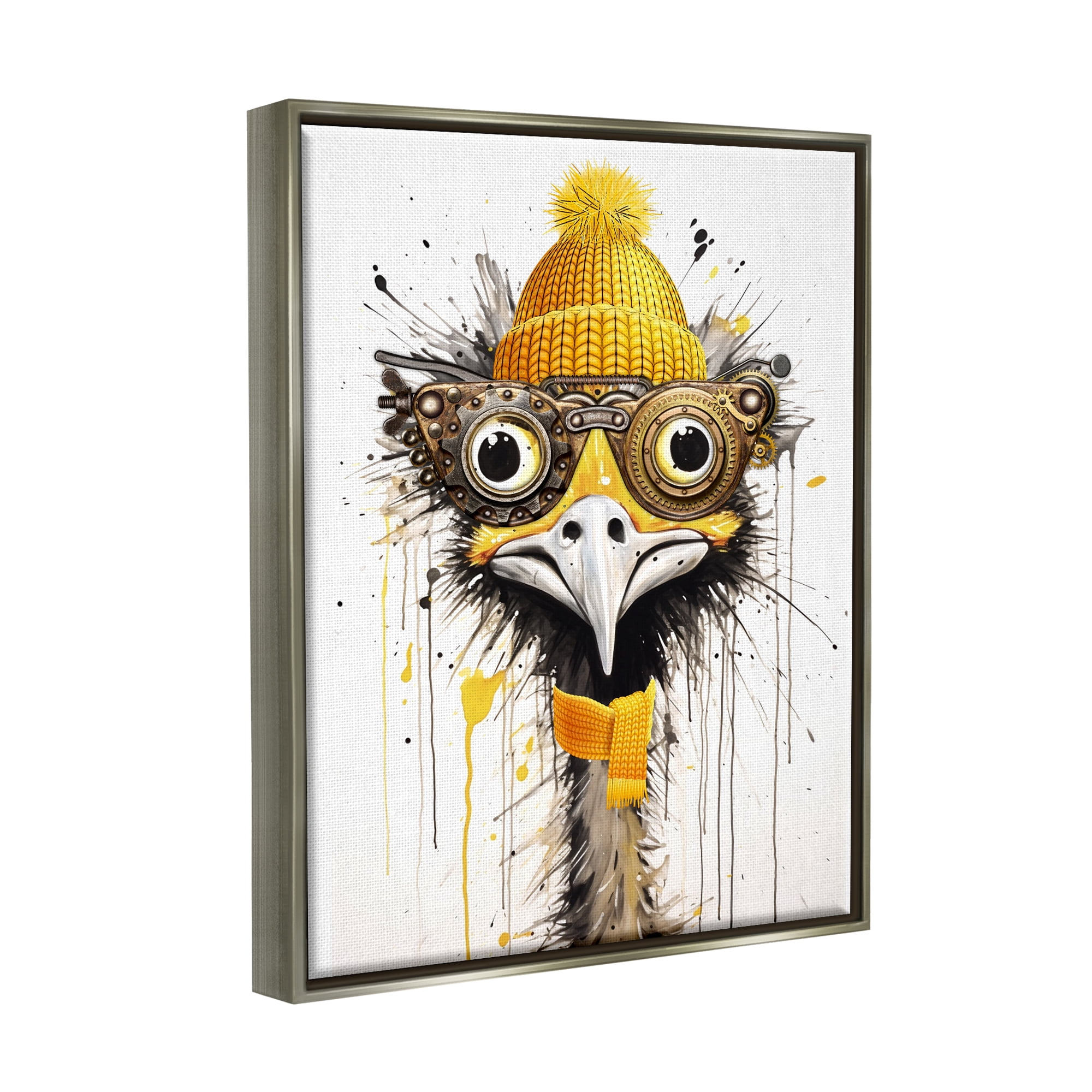 Stupell Industries Yellow Steampunk Emu Animals & Insects Painting Gray Floater Framed Canvas Art Print Wall Art, 25 x 31