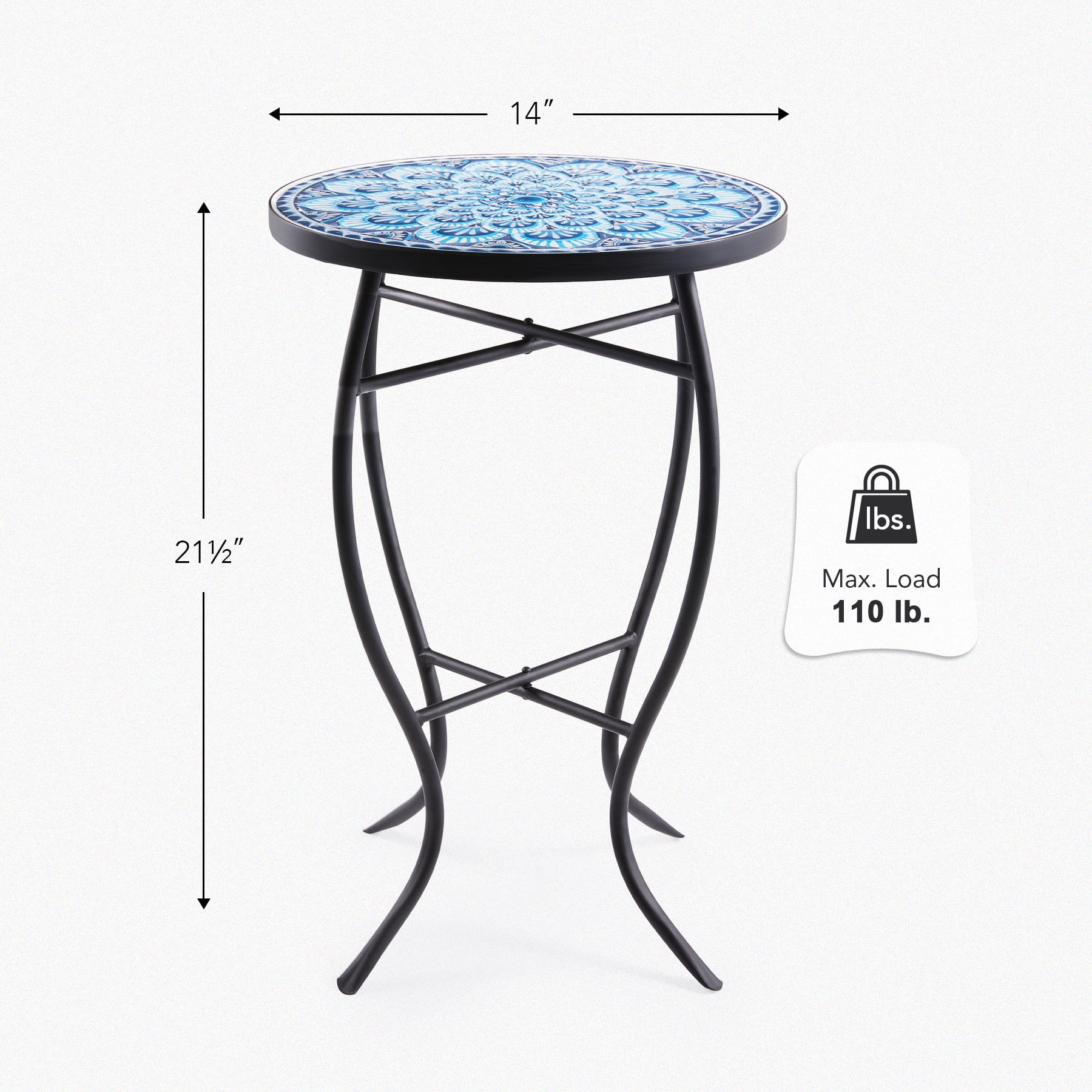 14" Side Table with Ceramic Tile Mosaic Top & Metal Frame for Outdoor Patio Mandala