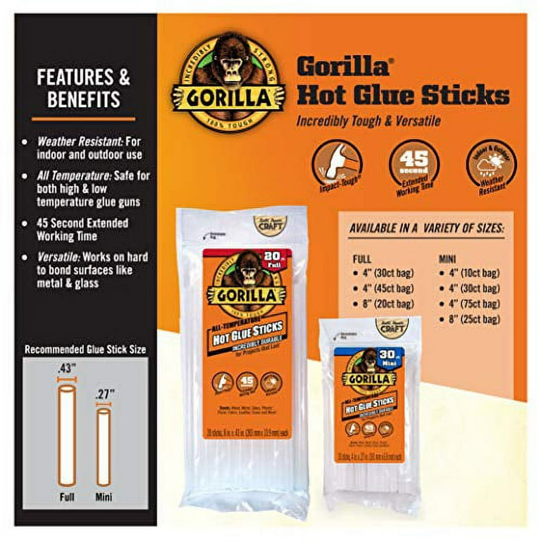 Gorilla Hot Glue Sticks, Mini size, 4 Long x .27 Diameter, 75 Count, Clear, (Pack of 2)