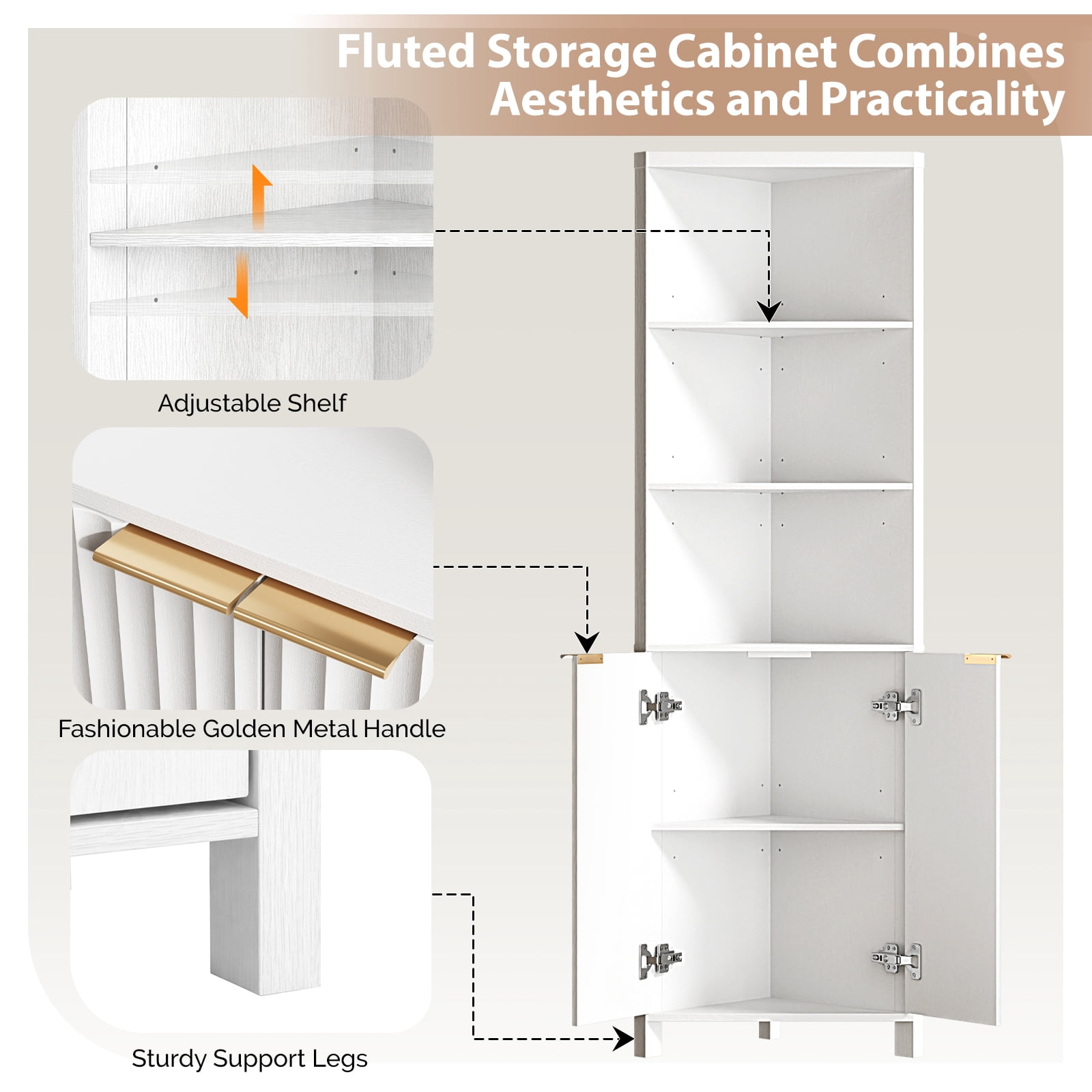 Ktaxon Corner Bathroom Cabinet with Fluted Double - doors, 5 - Tier Freestanding Storage, White