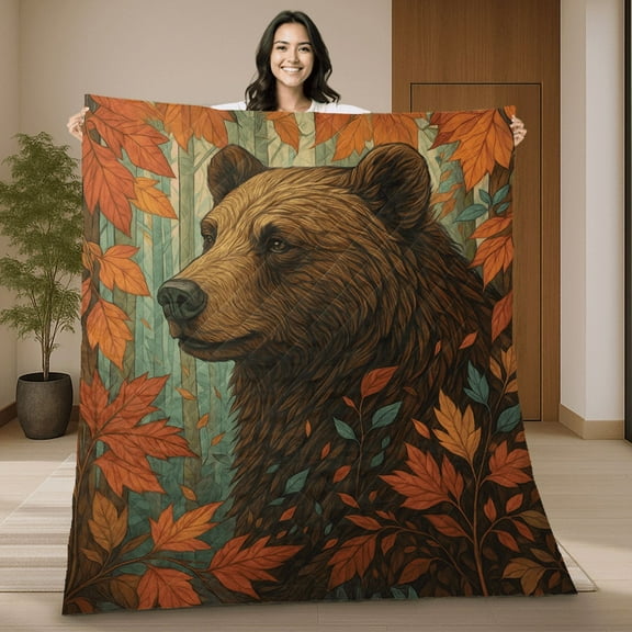 Brown Bear With Autumn Leaf Quilt Blanket Rustic Fall Forest With Bear & Leaves, Woodland Animal Quilt Blanket