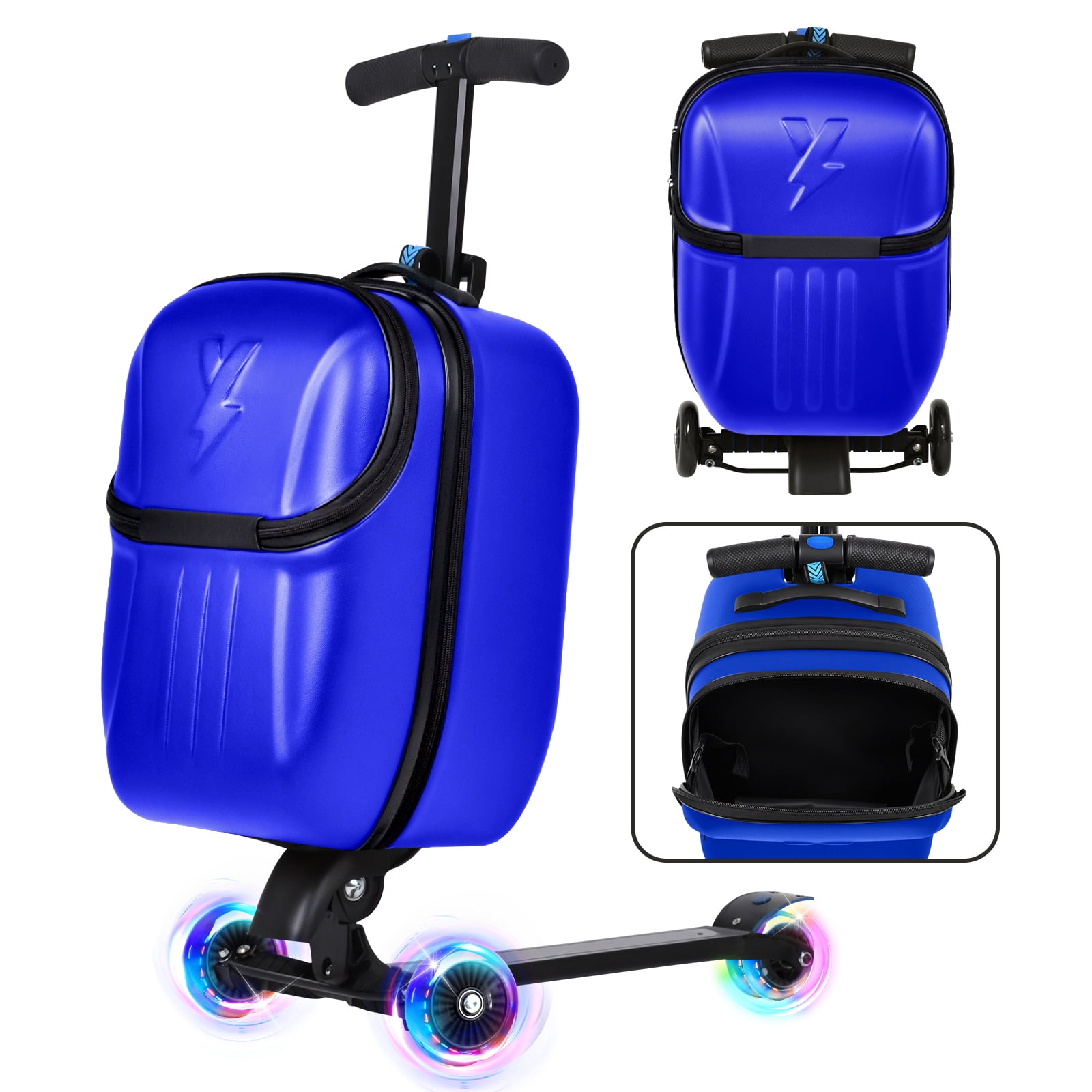 Advwin Scooter Suitcase with Top Opening & LED Light-up Wheel, Lightweight Hardshell Foldable Ride-On Luggage with Adjustable Handle for Travel, Blue