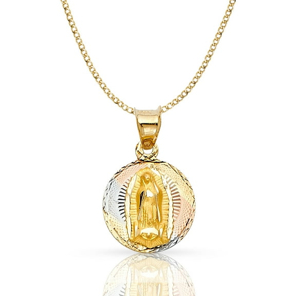 14K Tri Color Gold Diamond Cut Our Lady of Guadalupe Stamp Charm Pendant with 2mm Hollow Cuban Bevel Chain Necklace
