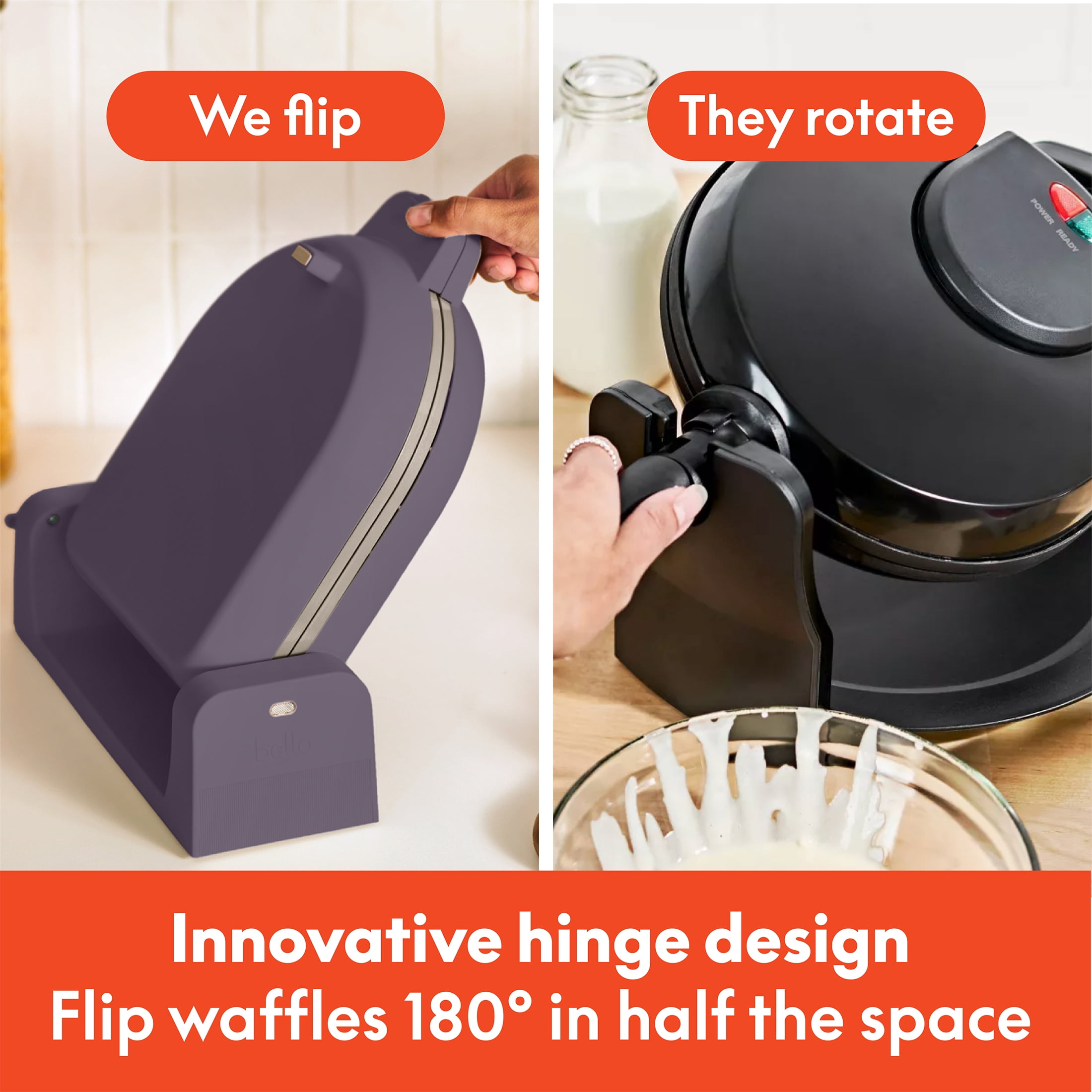 bella Flip-n-Store Belgian Waffle Maker with EverGood™ Ceramic Nonstick Coating, Power Indicator Light & Cool-Touch Handle, Plum