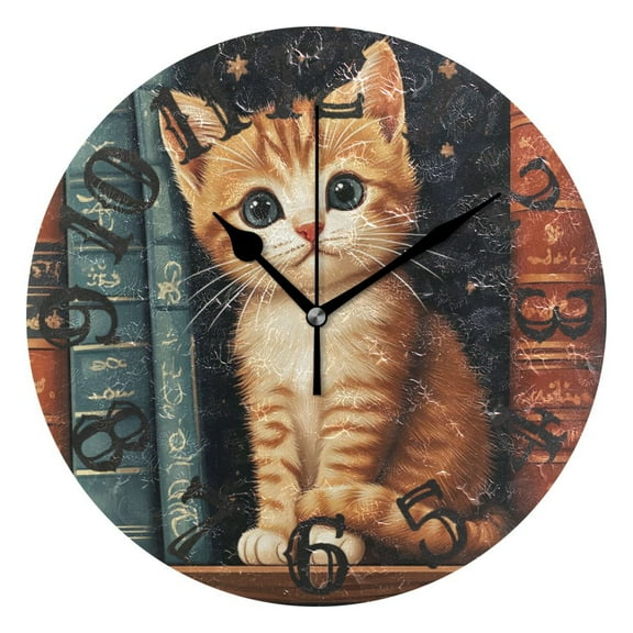 Cute Cat and Books Wall Clock 10 inch Non-Ticking Easy to Read Decorative Clocks for Home Bedroom Living Room