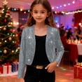 thumbnail image 2 of Girls Sequin Jacket Sparkly Glitter Open Front Cropped Blazer Lightweight 3/4 Length Sleeve Jacket Light Gray 140, 2 of 7