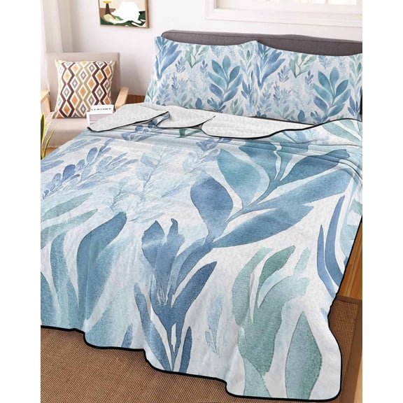 Blue Green Botanical Twin XL Size Down Alternative Comforter, Lightweight Comforter Quilt Bedding Set with Pillow Shams Summer Watercolor Leaf Plant All Seasons Bed Comforter Duvet Insert 68"x98"