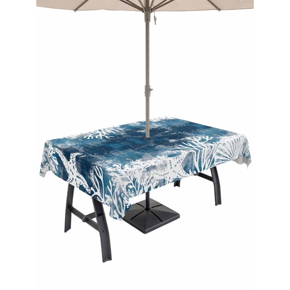 Outdoor Tablecloth with Umbrella Hole for Patio/Picnic/Party/Camping, Vintage Blue Coastal Waterproof Table Cloth Rectangle Table Cover Washable, Beach Coral Starfish Modern Abstract (52"x 70")