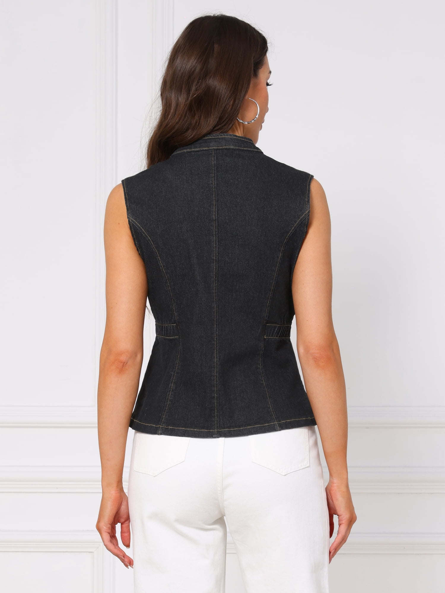 DARING DIVA Women's Button Down V Neck Elastic Waist Sleeveless Waistcoat L Black