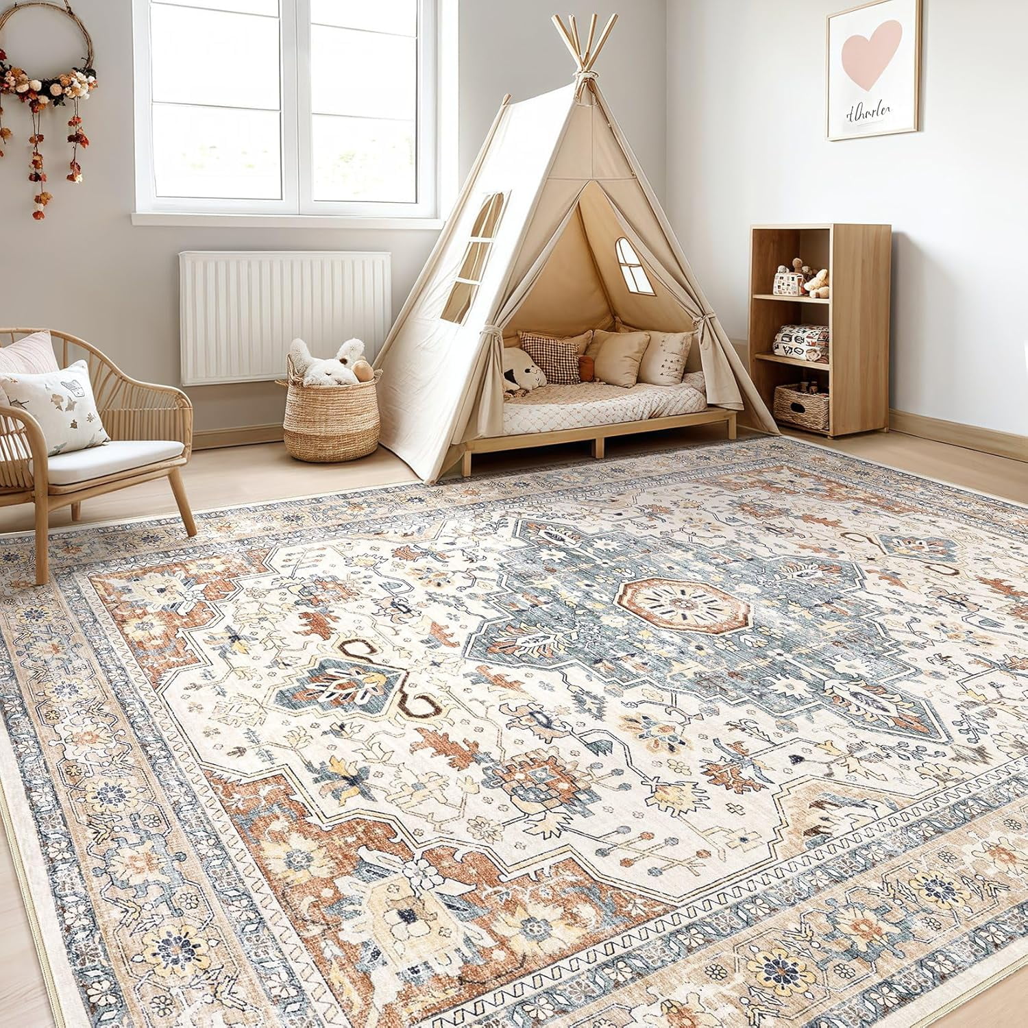 Toyoso 6x9 Area Rug Living Room Rug - Large Soft Machine Washable Boho Vintage Stain Resistant Floral Bedroom Rug Neutral Farmhouse Low Pile Distressed Carpet for Dorm Dining Room- Beige Blue