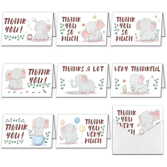 1Bag 9pcs Thank You Cards Carton Elephant Theme Greeting Cards with Envelopes for Wedding Bridal Shower Birthday Christmas Thanksgiving Day Invitation Cards