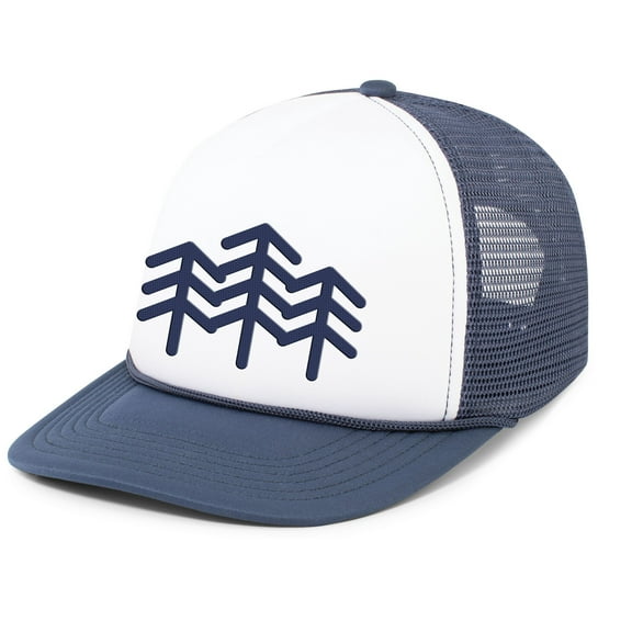 Mens Three Pine Trees Outdoors Rope Hat Embroidered Foam Front Mesh Back Trucker Hat, White/Navy/Navy