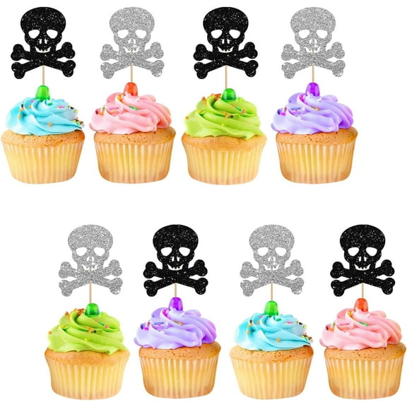 12pcs Skull Cupcake Toppers, Skull Crossbones Cupcake Toppers, Silver Glitter Death to My 20s 30s 40s 50s Cupcake Picks, Halloween Horrory Themed Party Supplies