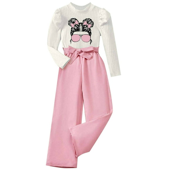 Bearichfupo Girls' Printed Long Sleeved Crew Neck Top With Lace Up Solid Color Wide Leg Trousers Personality Casual Fashion Suit,Girls' Pant Sets Sizes 5-6 Years