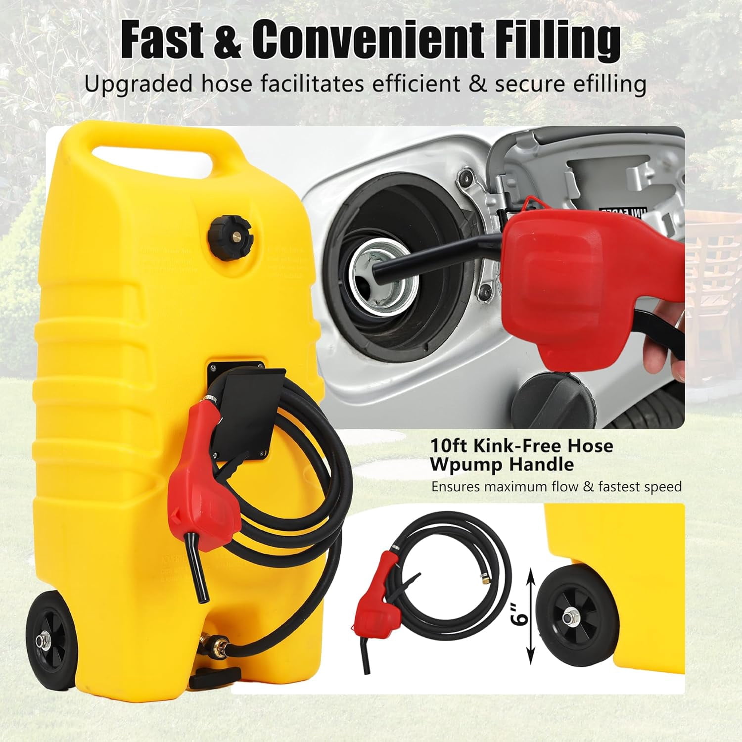14 Gallon Portable Fuel Tank with Wheels, Red Gas Caddy with Manual Siphon Pump & 10FT Hose, T-Handle for Easy Carry, Included for Cars, ATVs, Boats, Generators - Yellow