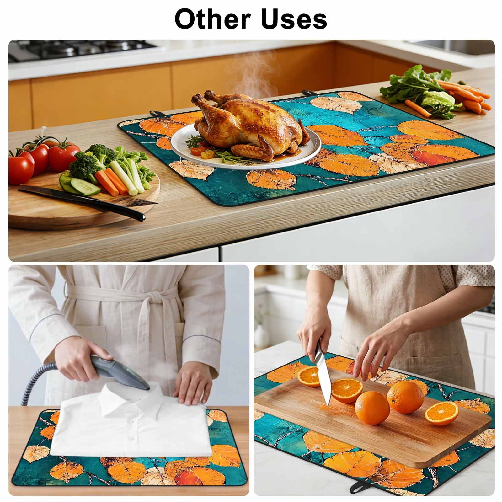 Orange Leaf Stove Top Cover for Electric Stove, Heat-proof & Non Slip Glass Top Stove Cover Protector, Abstract Oil Painting Branch Turquoise Kitchen Flat Cooktop Rubber Mat 24x21 Inches
