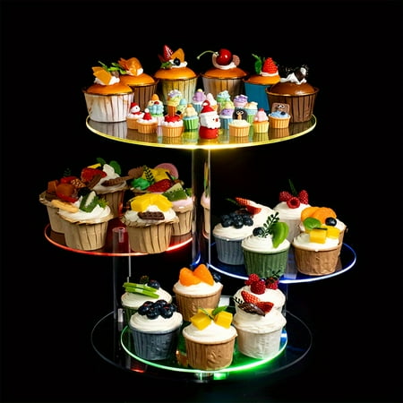 A Four-Tier Acrylic Cupcake Display Featuring LED Lights a Vibrant Round Dessert Tower Ideal for Birthdays Bars Anniversaries Weddings And Party Decorations