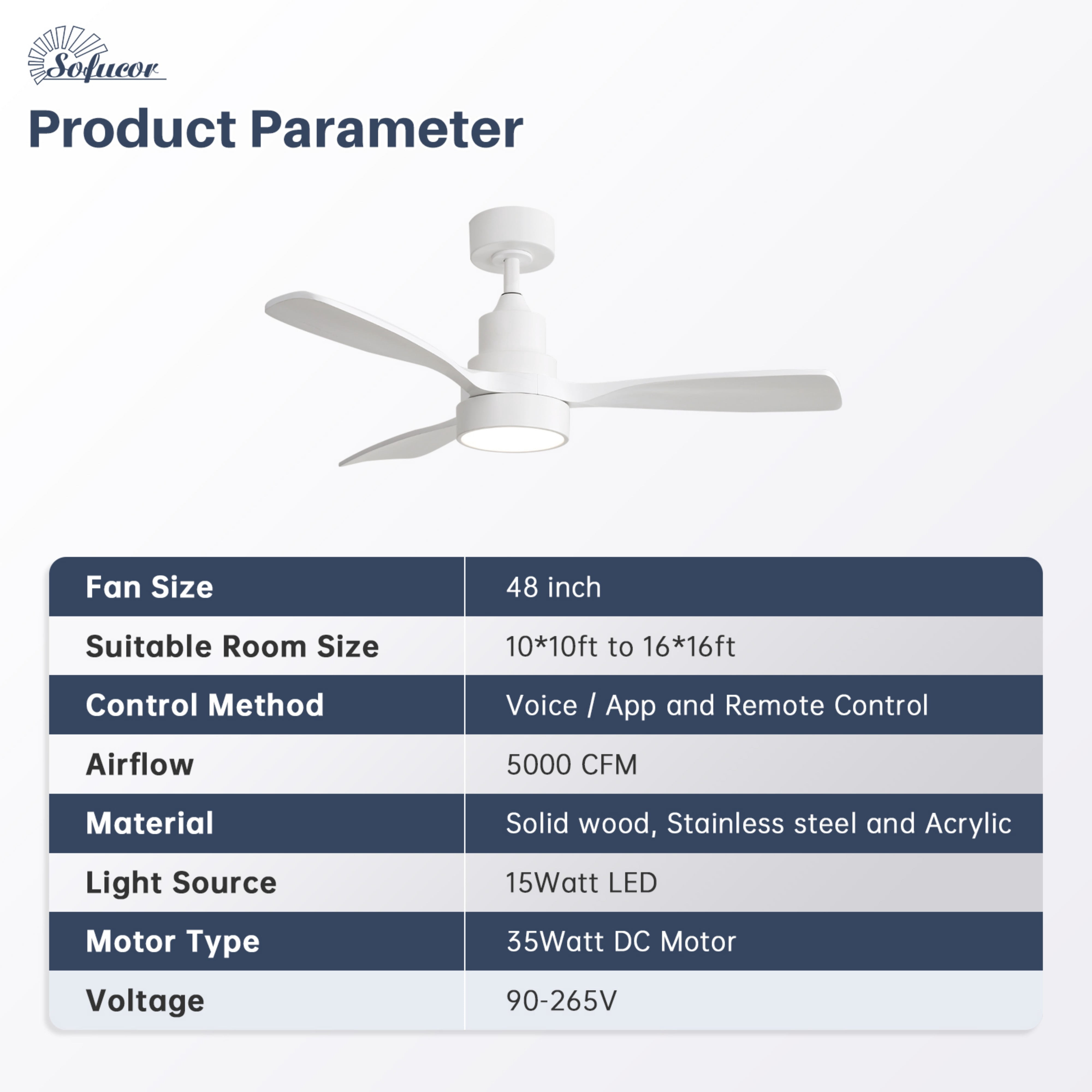 Sofucor 48" White Modern LED Ceiling Fan with Remote Control