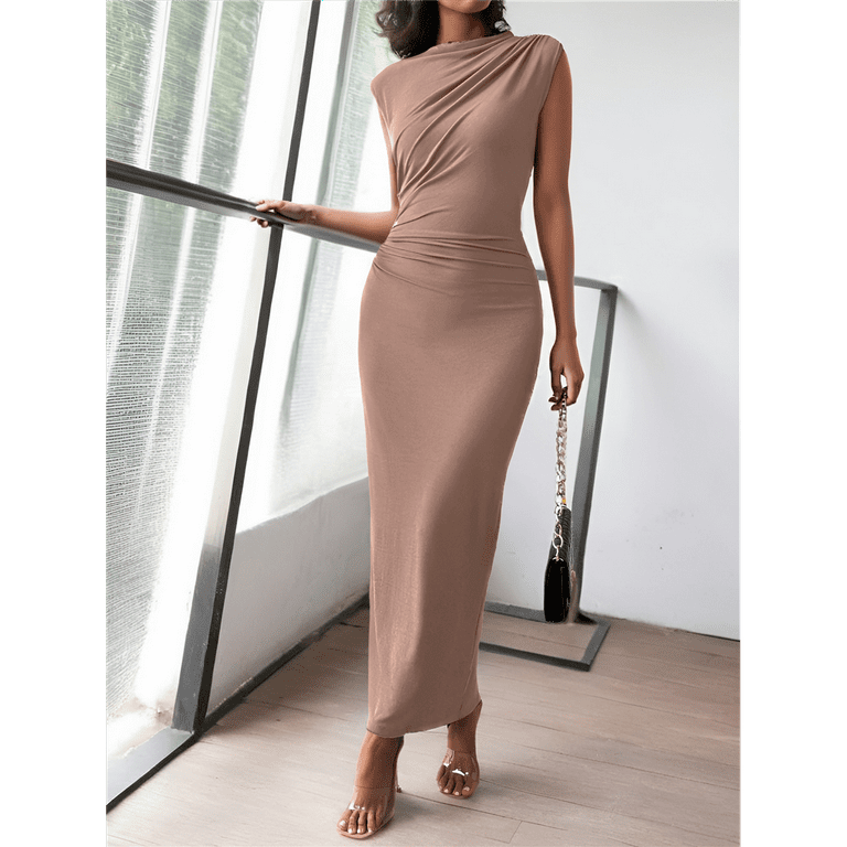 khaki bodycon dress Women'S Ruched Bodycon Dress Khaki S