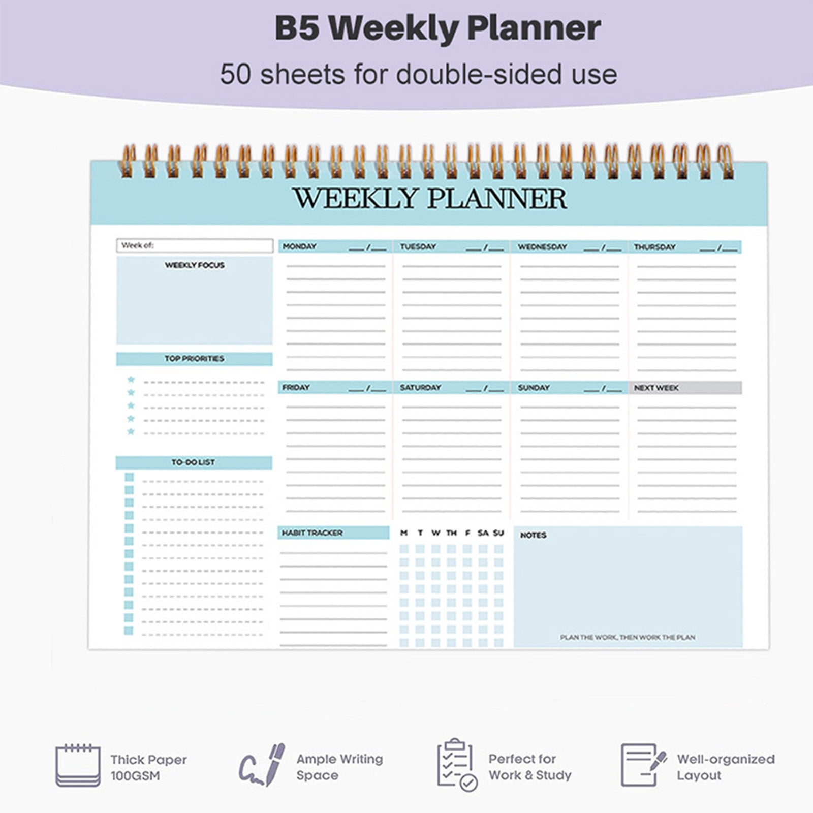 B5 Weekly Planner Coil Book, Undated Work Punch Card & Life Record Notebook, 52 Pages with Daily Task List, Boosts Productivity, 9.76 x 7.28 Inch