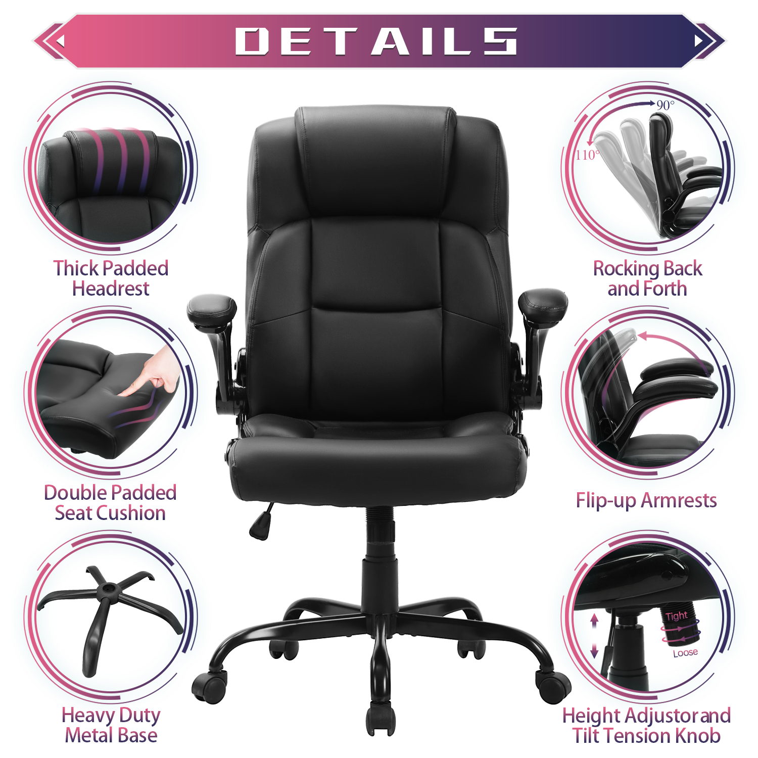 JONPONY Big and Tall Office Chair 400LBS Wide Seat Ergonomic Computer Desk Chair High Back Executive Leather Chair Adjustable Task Chair Lumbar Back Support 8 Hours Heavy Duty Design,Black - image 3 of 9