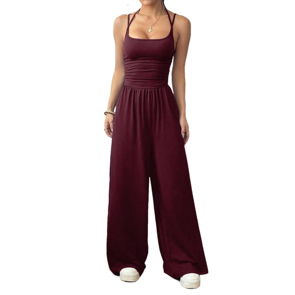 Women's Leisure Jumpsuit Strap Outfit Wide Leg Baggy Pants Romper