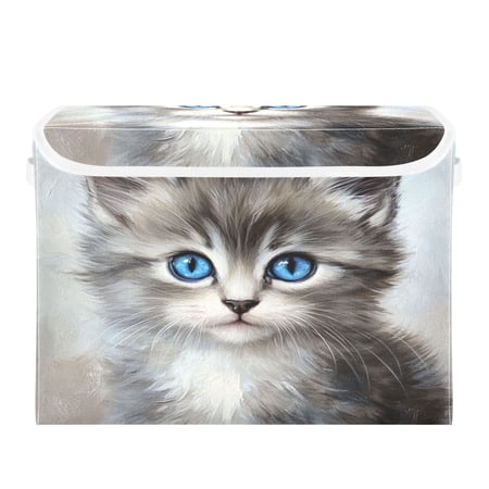 Storage Box With Lid 16.5x12.6x11.8In Foldable Stacked Household Storage Box Grayish-black Cat