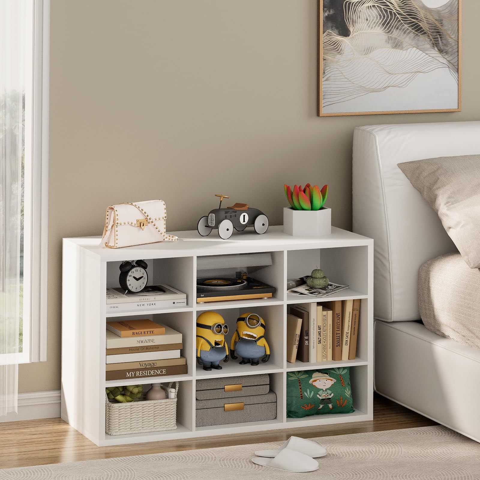 Shoe Storage Bench, Cubby Shoe Rack with 9 Cubbies, 3-Tier Wood Shoe Rack Organizer, Shoe Organizer Cabinet for Entryway, Hallway, Closet and Garage, White