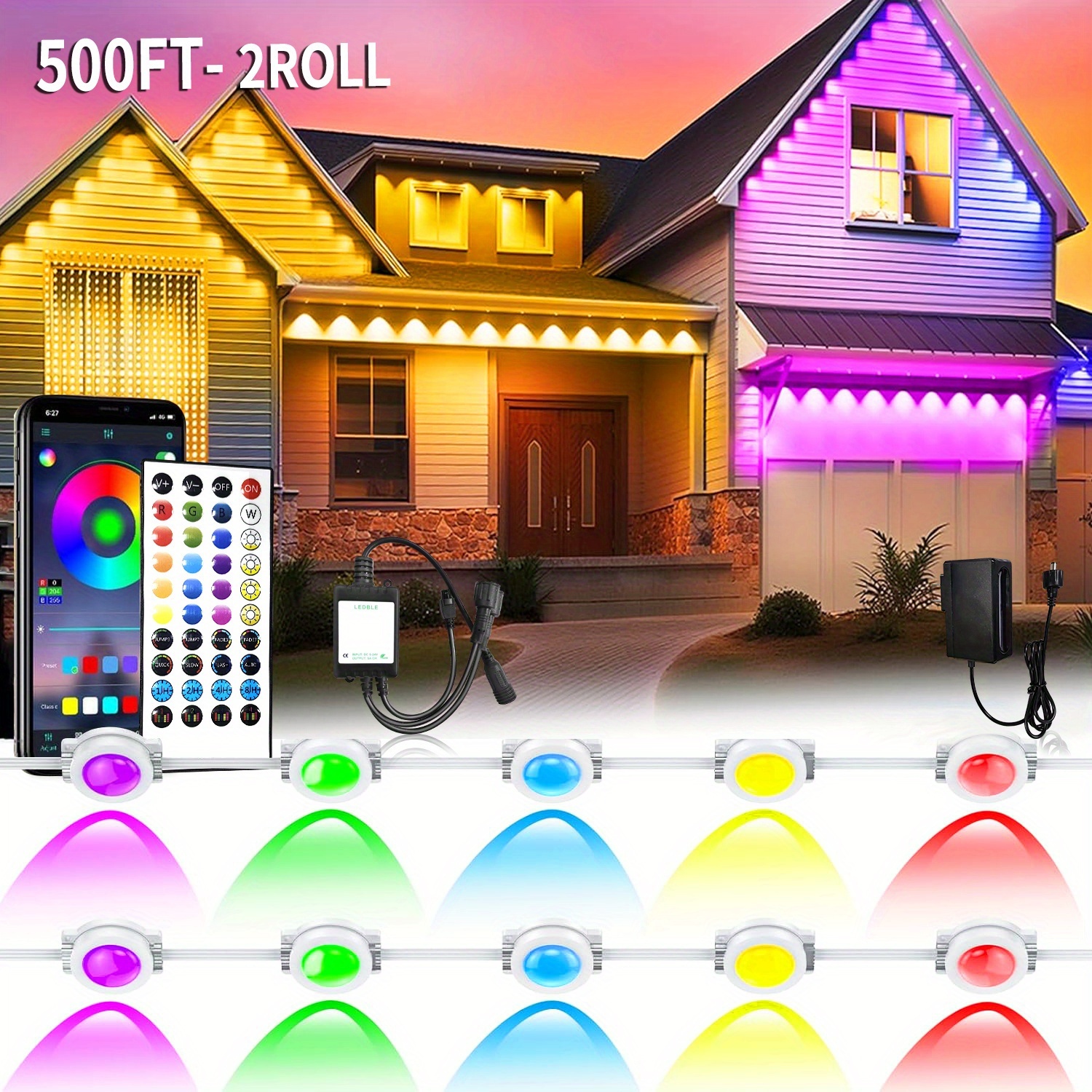 500ft/150M Permanent Outdoor RGB LED Eaves Light Strip - IP67 Waterproof, for Christmas Halloween Garden Outdoor Decor, Long-Lasting Holiday Lighting