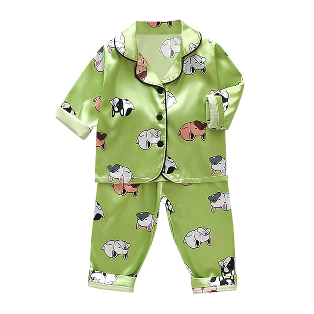 Toddler Kids Animal Print Satin Button Down Shirt and Long Pants Loungewear Set for Girls