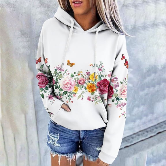 QUNYINEY Hoodies Women Pullover Floral Plus Size Long Sleeve Hooded Sweatshirts with Pocket Drawstring Loose Fit Going Out Tops for Women