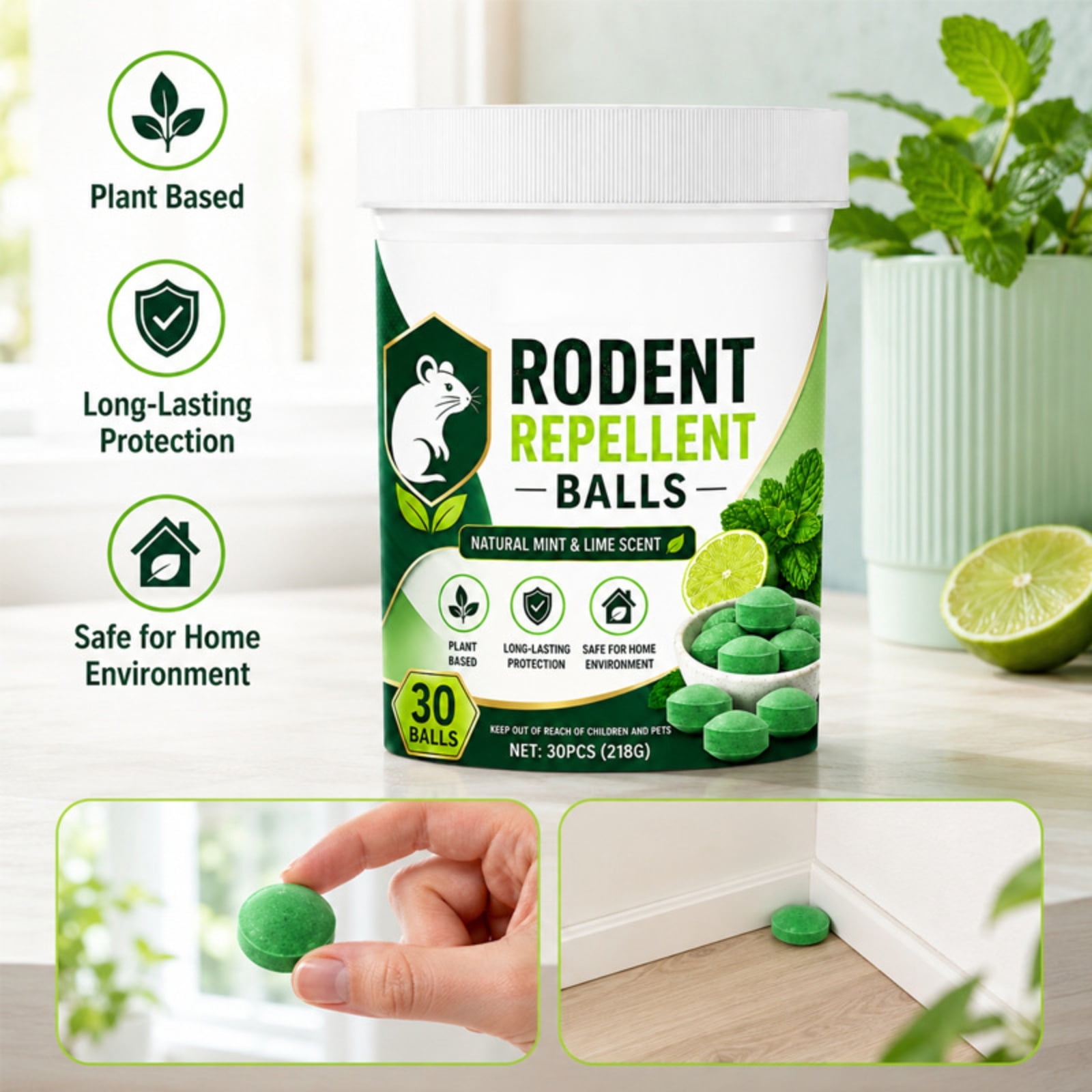 30 Natural Peppermint Oil Rodent Repellent Balls, Plant-Based Mouse and Rat Deterrent for Indoor Outdoor Home Garden Garage, Long-Lasting Pest Control