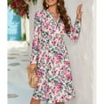 thumbnail image 4 of Defitshape Women's Boho Dress Printed Soft Long Sleeve Midi Ruched High Waist Cotton Elegant V Neck Wrap Flowy Swing Dresses Light Pink 14, 4 of 4